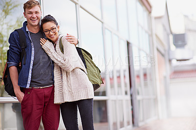 Buy stock photo Couple, students and hug in portrait on campus, trust and support in relationship with affection. Young people, love and care with respect, bonding for friendship and loyalty outdoor at university
