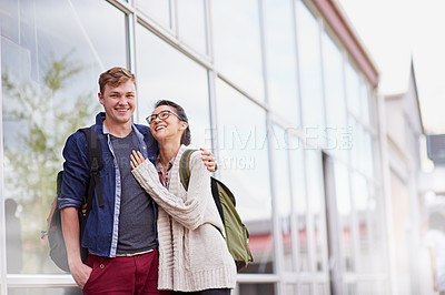 Buy stock photo Couple, students and happy with hug on campus, trust and support in relationship with affection. Young people, love and care with respect, bonding for friendship and loyalty outdoor at university