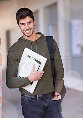 Buy stock photo Laptop, books and student or man portrait for learning, education and studying for university at outdoor campus. Happy person with technology, study resources and college, knowledge or scholarship