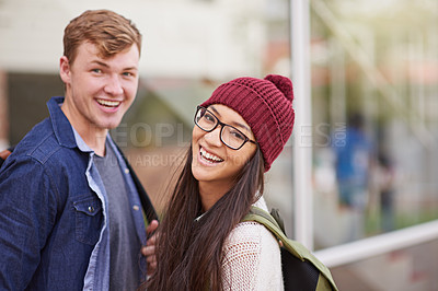 Buy stock photo Portrait, students and university with couple, campus and smile with education and learning with sunshine. Funny, face and man with woman or happiness with college and knowledge with studying or love