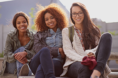 Buy stock photo Portrait, female learners and friends of campus, break and relax for classes at university. Face, happy and diversity at school and education for women student, academics and learning at college