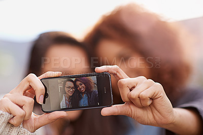 Buy stock photo Girl, friends and happy for selfie as university student on campus for education, fun and memories. Women, college and gen z with smartphone for social media post on profile or account and smile