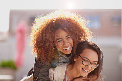 Buy stock photo Cropped shot of girlfriends bonding outdoors