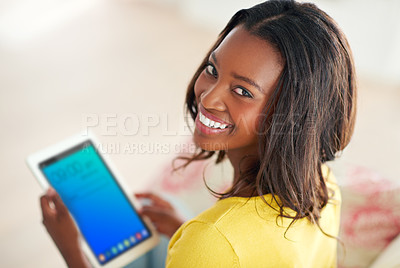 Buy stock photo Black woman, portrait and relax with tablet on couch for checking credit score, rating and history for improvement. Girl, sofa and home with internet for loan application, debt management and report.