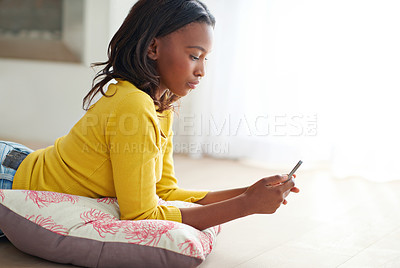 Buy stock photo Cellphone, floor and black woman for relax in home, online and social media for scrolling on website. Technology, calm and ground for internet and news report, female person and mobile app games