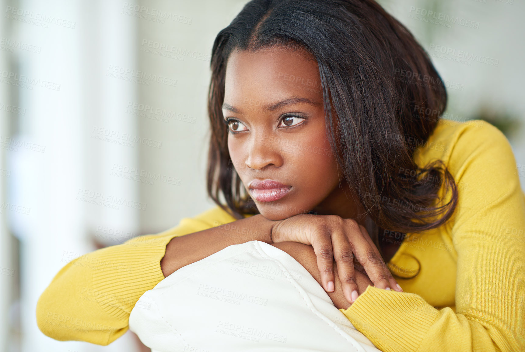 Buy stock photo Black woman, depressed and thinking on home sofa with mental health, anxiety and divorce heartbreak. African lady, worry and sad thoughts in lounge for trauma memory, domestic violence and remember