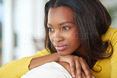 Buy stock photo Black woman, home and relax with thinking or clam for memory, thought for future peace or reflection. Female person, house and planning with contemplation for dream lifestyle or personal goal