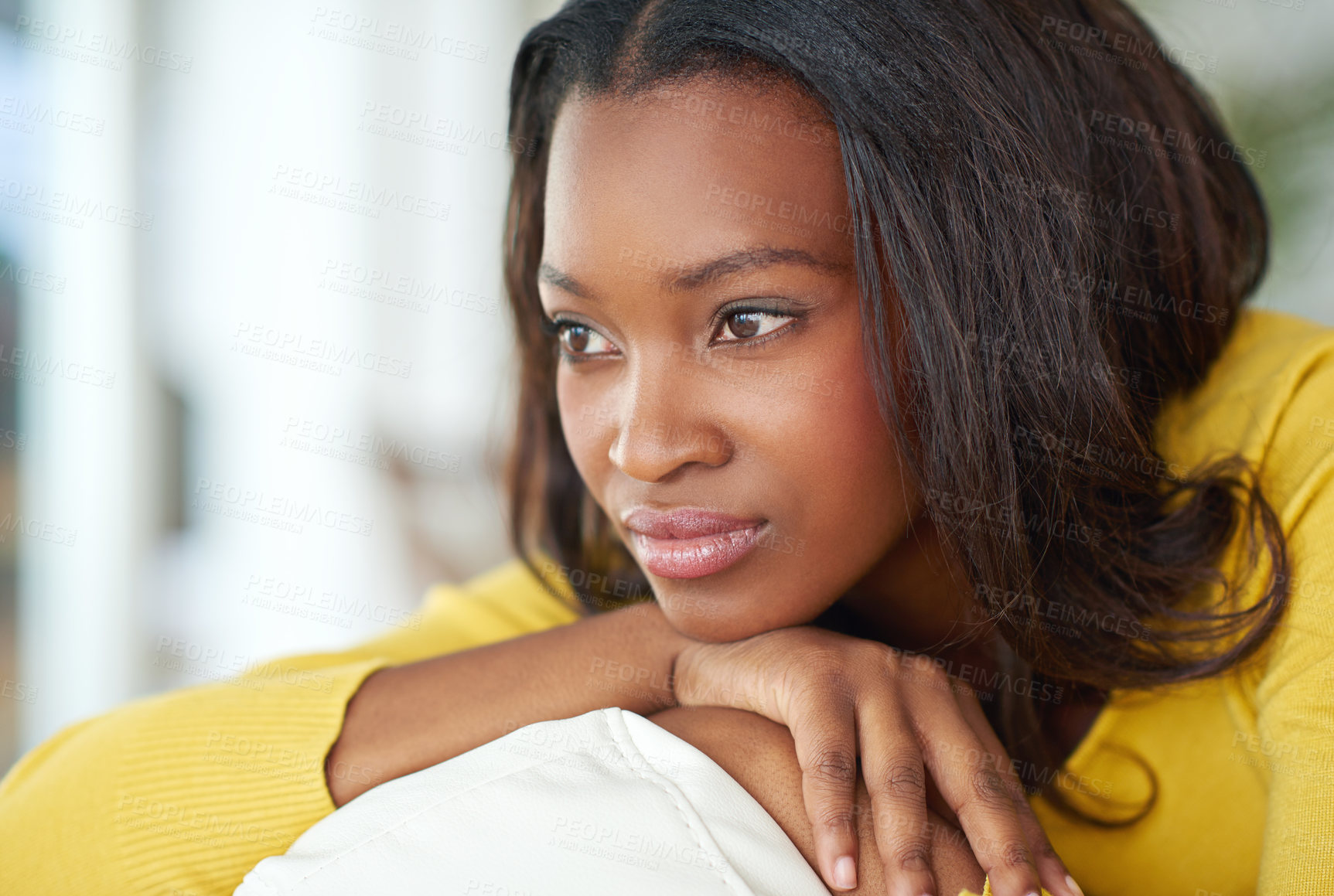 Buy stock photo Black woman, home and relax with thinking or clam for memory, thought for future peace or reflection. Female person, house and planning with contemplation for dream lifestyle or personal goal