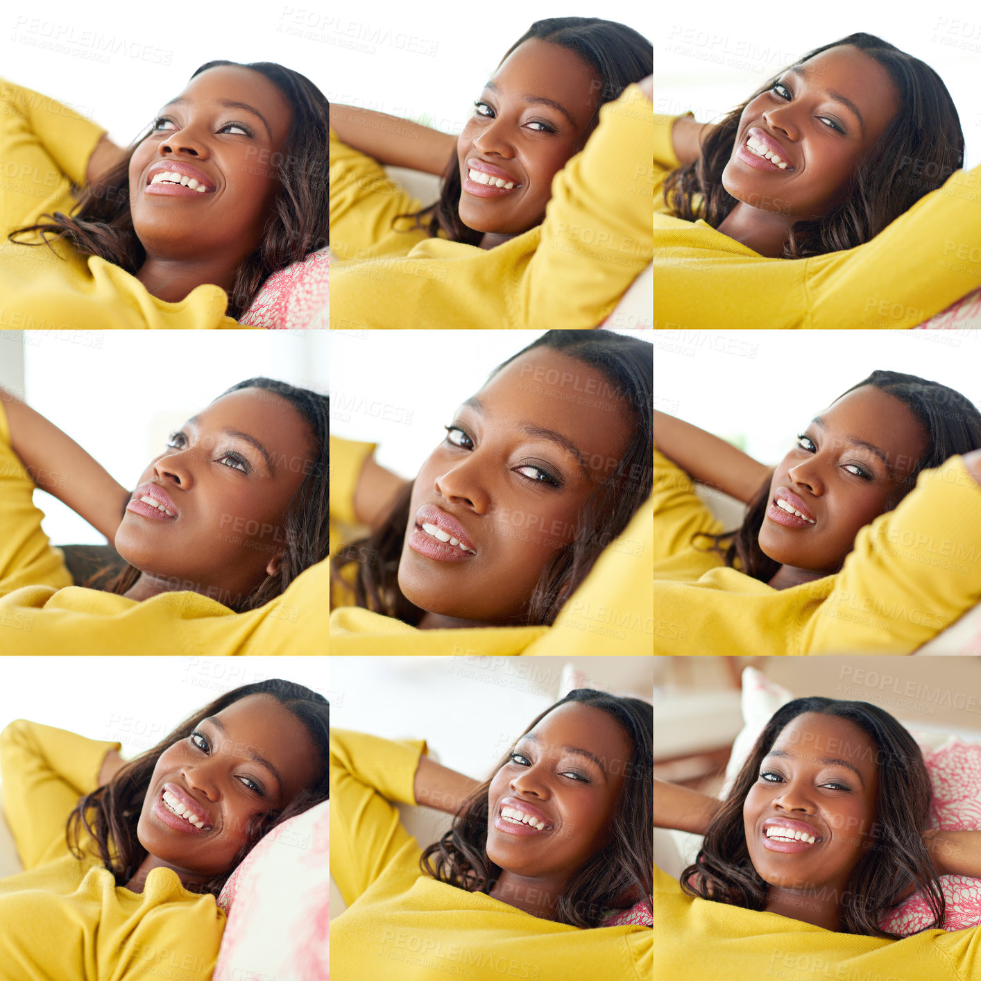 Buy stock photo Black woman, happy smile and portrait collage with weekend peace, thinking and relax in home. African girl, face composite and contemplating on living room sofa with confidence, rest or idea in house