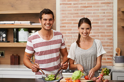 Buy stock photo Cooking, portrait and happy couple in kitchen for healthy food or vegetables for lunch or dinner. Smile, people and romantic woman in meal prep for salad preparation or hungry vegan man in home