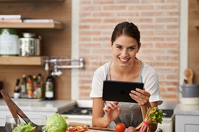 Buy stock photo Online, woman and cooking with recipe on tablet in kitchen to watch tutorial video with instructions. Learning, guide and person reading healthy food info on mobile app in home to diet with nutrition