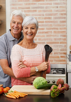 Buy stock photo Cooking, happy and portrait of old couple in kitchen for salad, love and nutrition. Health, smile and retirement with senior man and woman cutting vegetables at home for food, dinner and recipe