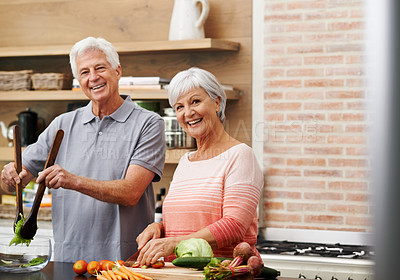 Buy stock photo Cooking, help and portrait of old couple in kitchen for salad, love and nutrition. Happy, smile and retirement with senior man and woman cutting vegetables at home for food, dinner and recipe