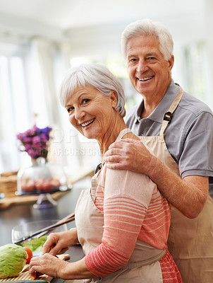 Buy stock photo Cooking, health and portrait of old couple in kitchen for salad, love and nutrition. Happy, smile and retirement with senior man and woman cutting vegetables at home for food, dinner and recipe