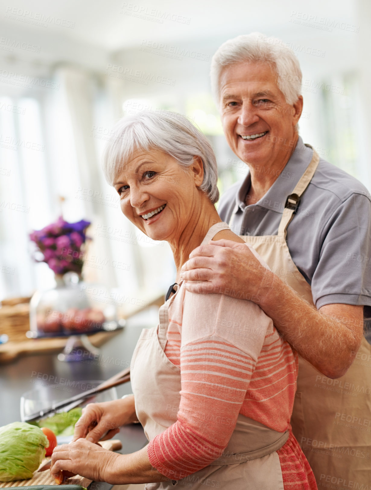 Buy stock photo Cooking, health and portrait of old couple in kitchen for salad, love and nutrition. Happy, smile and retirement with senior man and woman cutting vegetables at home for food, dinner and recipe