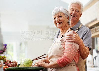Buy stock photo Cooking, nutrition and portrait of old couple in kitchen for salad, love and health. Happy, smile and retirement with senior man and woman cutting vegetables at home for food, dinner or recipe mockup