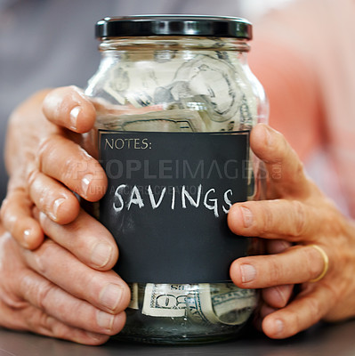 Buy stock photo Married hands, money and mason jar for insurance, retirement or savings plan. Senior couple, cash or bills for pension, banking or investing together and generational wealth opportunity for family