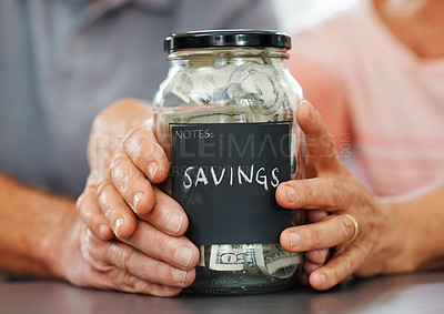 Buy stock photo Savings, money and hands of couple on piggy bank container for investment, fund or future plan. Marriage, finance and cash to budget income for increase in financial freedom with asset management