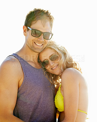 Buy stock photo Happy, couple and  hug on vacation by beach with sunglasses, smile and holiday for memories or honeymoon. Woman, man and relationship at destination by ocean for trip, getaway or weekend for bonding