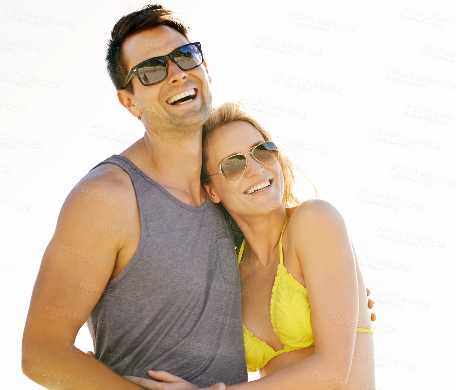 Buy stock photo Happy, couple and smile on vacation by beach with sunglasses, hug and holiday for memories or honeymoon. Woman, man and relationship at destination by ocean for trip, getaway or weekend for bonding