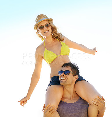 Buy stock photo Man carrying wife on beach in closeup with love for vacation, marriage with trust and bonding. New Zealand couple by ocean with smile or hands for support, honeymoon with sunglasses for sunny day