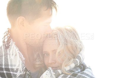 Buy stock photo Couple, hug and forehead kiss outdoor with portrait for love, vacation and relax or peace in summer. Man, woman and embrace with sun in Florida for date, holiday and freedom with romance or happy