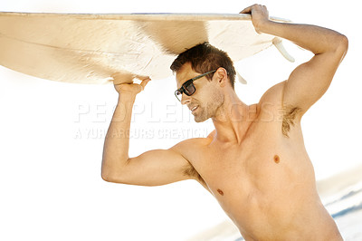 Buy stock photo Man, surfboard and sunglasses at ocean with fitness for summer vacation, sports and travel. Surfer, topless and eyewear with surfing at beach for sunshine, island holiday and muscular body in Brazil