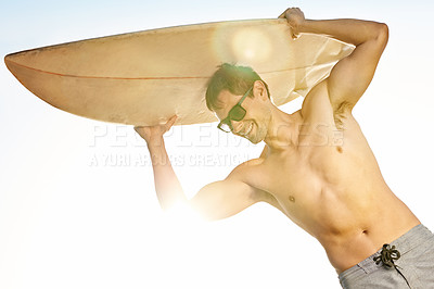 Buy stock photo Happy, surfer and board on head for summer fitness, healthy workout or beach trip. Man, smiling and excited with sunglasses on ready for extreme sports, water activities or daring outdoor adventure