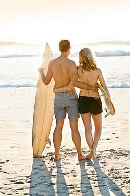 Buy stock photo Surfboard, hug or couple at sea for adventure, anniversary or sports exercise in Miami, Florida. Healthy surfers, back view or people ready for surfing on holiday vacation at beach or ocean in summer