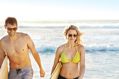 Buy stock photo Surfboard, happy or couple at sea walking for adventure, anniversary or sports exercise in Miami, USA. Smile, surfers or people ready for surfing on fun holiday vacation at beach or ocean in summer