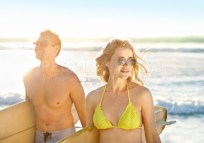 Buy stock photo Surfboard, smile or couple at beach walking for adventure, anniversary or sports exercise in Miami, USA. Happy, surfers or people ready for surfing on fun holiday vacation at sea or ocean in summer