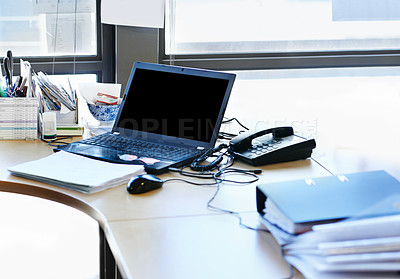 Buy stock photo Laptop, desk and files on table for accounting, marketing and online company in workplace. Administration, computer and paperwork on desk for documents, business and email in office for working.