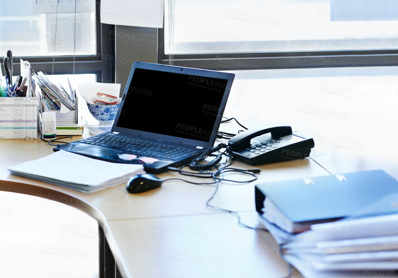 Buy stock photo Laptop, desk and files on table for accounting, marketing and online company in workplace. Administration, computer and paperwork on desk for documents, business and email in office for working.