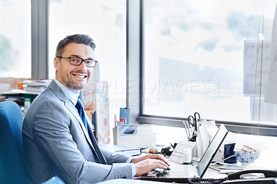 Buy stock photo Face, businessman and laptop in workplace for corporate company with web, call and advice. Tech, executive and portrait of male consultant in office with internet, telephone and expertise for client