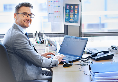 Buy stock photo Businessman, portrait and laptop in office for planning, internet and email in workplace for career. Corporate, professional and brainstorming for startup company, technology and global enterprise. 
