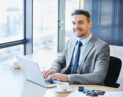 Buy stock photo Face, businessman and typing in office for corporate company with web, telephone and advice. Tech, executive and portrait of male consultant in workplace with internet, call and expertise for client