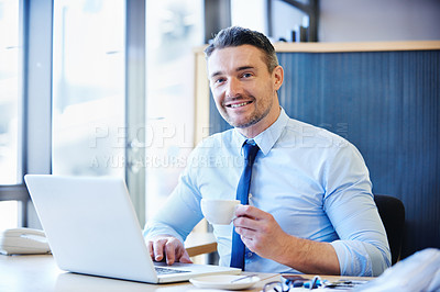 Buy stock photo Smiling businessman or portrait and drinking coffee in office, working with laptop for company. Male person or espresso in workplace with computer for research, happiness with digital trends for job