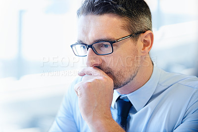 Buy stock photo Corporate, man and thinking in workplace for startup company, brainstorming and idea in office. Businessman, management and  development for career, planning and innovation for enterprise progress