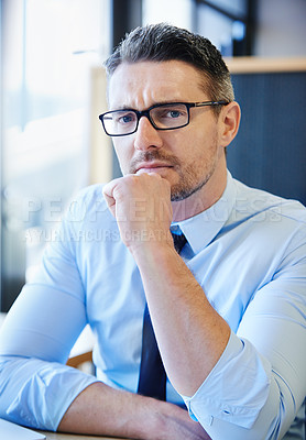 Buy stock photo Frustrated, man and thinking in professional office for startup company, brainstorming and idea. Businessman, management and  development for career, planning and innovation for corporate enterprise.