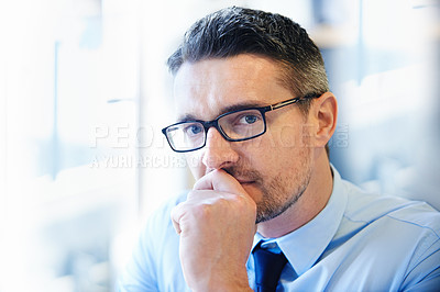 Buy stock photo Businessman, portrait and thinking in workplace for startup company, brainstorming and idea in office. Corporate, management and development for career, planning and consulting for innovation.