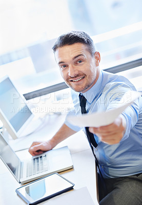 Buy stock photo Portrait, businessman and tech with paperwork in workplace for corporate company, email, and advice. Laptop, executive and face of lawyer in office with document, web and expertise for legal client
