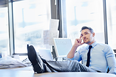 Buy stock photo Businessman, thinking and tech in workplace with paperwork for corporate job, desk and feet up. Screen, executive and lawyer with documents in office for web, thoughtful and idea for future career
