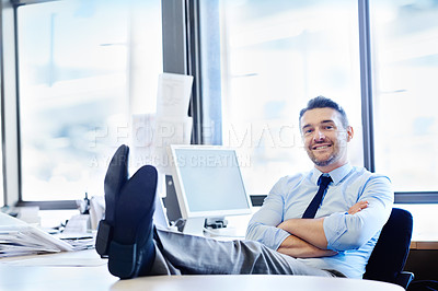 Buy stock photo Businessman, relax and arms crossed by office desk with confidence for corporate job, web and technology. Screen, worker and portrait of lawyer with documents in workplace for online, pride and shoes