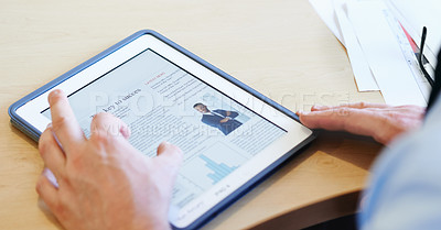 Buy stock photo Entrepreneur, tablet and article for corporate research, connectivity and information on competition. Person, digital screen or internet browsing for newsletter, blog post or website on business