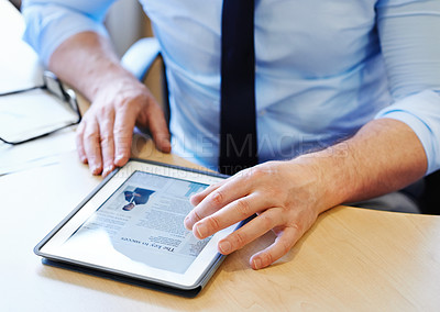 Buy stock photo Businessman, tablet and spectacles for corporate research, connectivity and information on competition. Entrepreneur, digital device or internet browsing for motivation, career growth and analytics