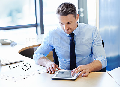 Buy stock photo Businessman, tablet and article for corporate research, connectivity and information on competition. Entrepreneur, digital screen or internet browsing for blog post, social media or newsletter