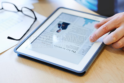 Buy stock photo Hands, tablet and glasses for person on desk for digital information, review online report or view email with paperwork.Tech, spectacles and hand on screen for research, app or internet for website