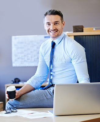 Buy stock photo Happy young businessman in portrait or drinking coffee in office, working with laptop for analysis. Male crypto analyst at workplace for trade with computer, smiling for market share or fintech