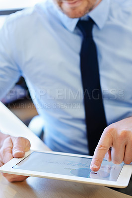 Buy stock photo Hands, businessman and tablet at desk for data analysis, payroll and e-commerce in office. Digital notebook, trader and research in workplace for investment, startup and corporate management.