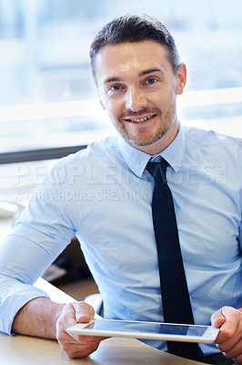 Buy stock photo Portrait, businessman and tablet in office for corporate job with reading email, expertise and research. Tech, evaluation and face of consultant in workplace with web, smile and advice for clients